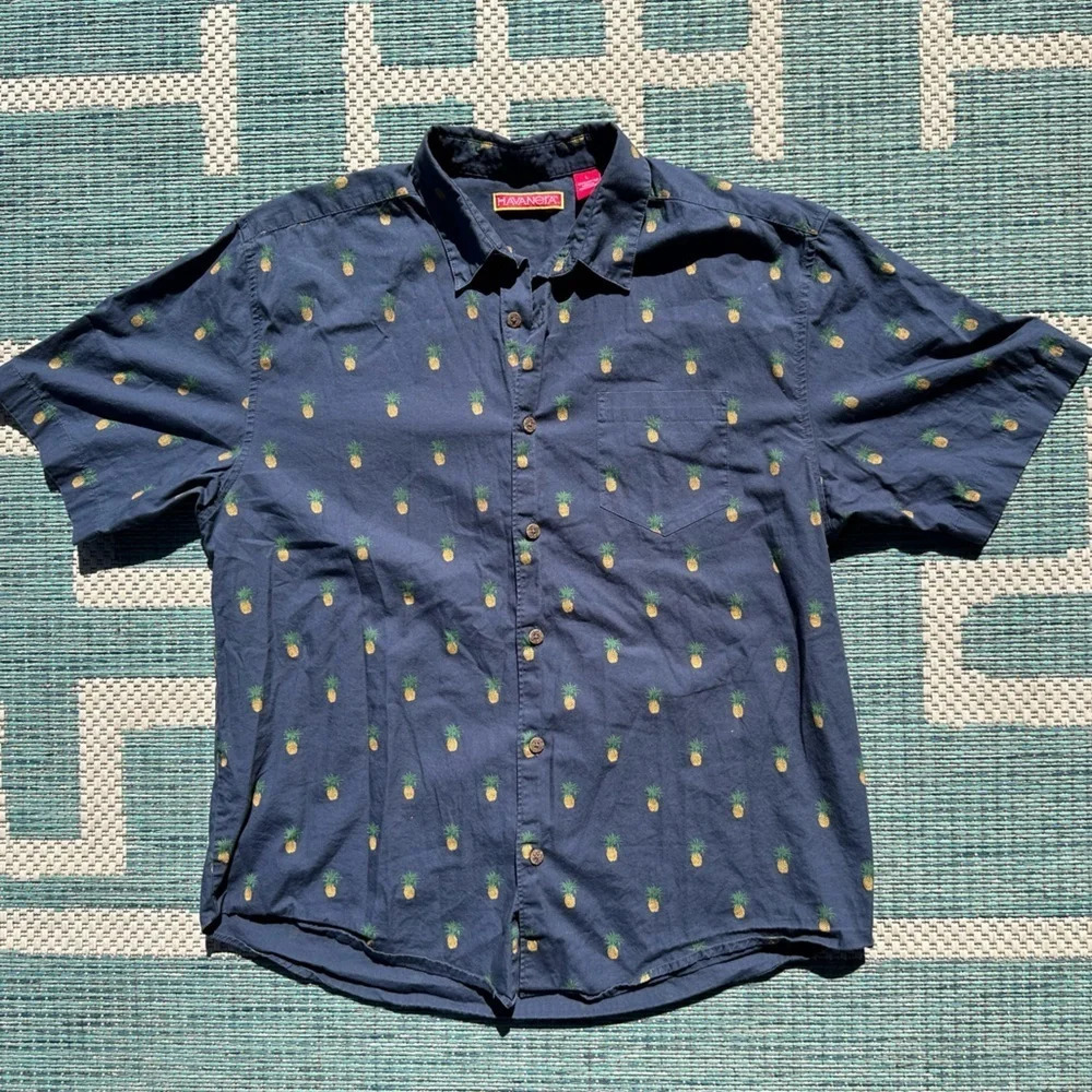 Havanera Pineapple Print Button-Up Short Sleeve Shirt size Large